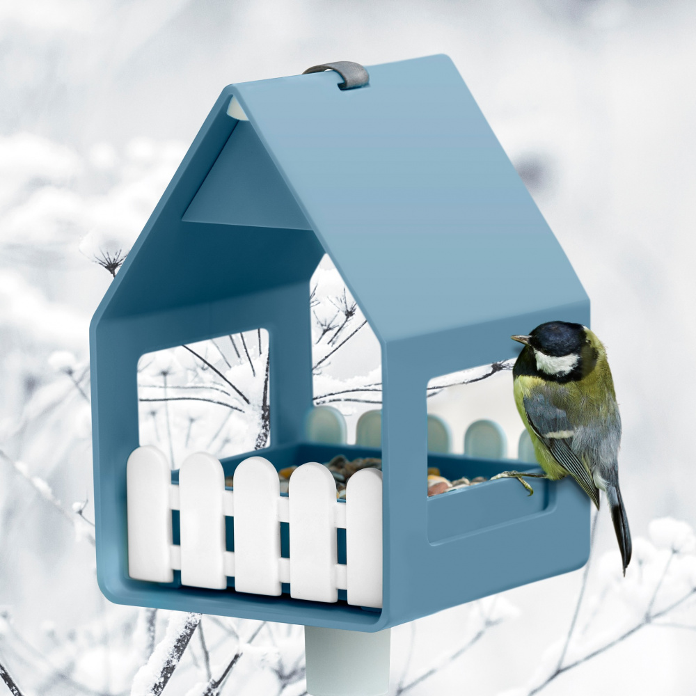Poétic bird feeder and bird bath - old blue